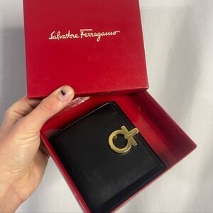 Salvatore Ferragamo | 'Gancini' gold-lock black genuine leather compact wallet